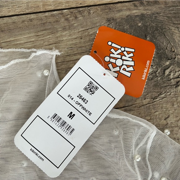 Off-White mesh long sleeve mock neck crop top with front tie and pearl details. - Picture 2 of 6